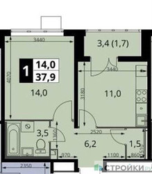Планировка однокомнатной(квартира) площадью 37.9 квадратных метров в ЖК “ЖК 1-й Южный (Первый Южный)”