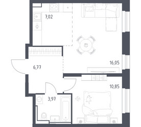 Планировка однокомнатной(квартира) площадью 44.66 квадратных метров в ЖК “ЖК Квартал Строгино”