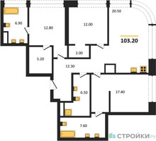 Планировка трехкомнатной(квартира) площадью 103.2 квадратных метров в “ЖК Остров”