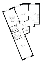 Планировка трехкомнатной(квартира) площадью 88.9 квадратных метров в ЖК “ЖК Переделкино Ближнее”