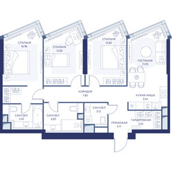 Планировка трехкомнатной(квартира) площадью 91.6 квадратных метров в ЖК “ЖК ХАЙДАУТ”