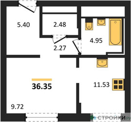 Планировка студии(квартира) площадью 36.35 квадратных метров в ЖК “ЖК Новое Внуково”