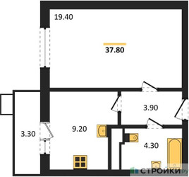 Планировка однокомнатной(квартира) площадью 37.8 квадратных метров в ЖК “ЖК Пироговская Ривьера”