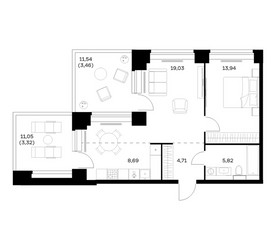 Планировка однокомнатной(квартира) площадью 58.97 квадратных метров в ЖК “ЖК НОВА”