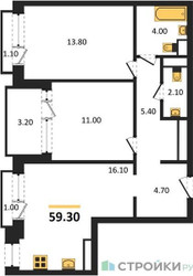 Планировка двухкомнатной(квартира) площадью 59.3 квадратных метров в “ЖК Новая Щербинка”