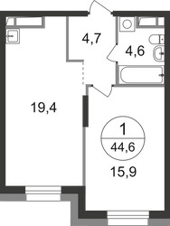 Планировка однокомнатной(квартира) площадью 44.6 квадратных метров в ЖК “ЖК Первый Московский”