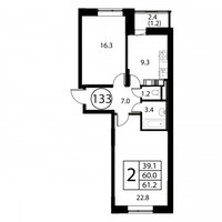 Планировка двухкомнатной(квартира) площадью 61.2 квадратных метров в “ЖК Космос”