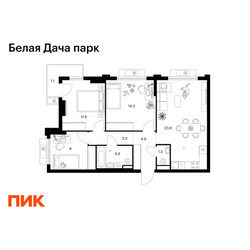 Планировка трехкомнатной(квартира) площадью 74.3 квадратных метров в ЖК “ЖК Белая Дача парк”