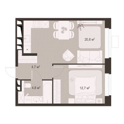 Планировка однокомнатной(квартира) площадью 43 квадратных метров в ЖК “ЖК Гранд Комфорт”