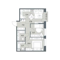 Планировка трехкомнатной(квартира) площадью 57.2 квадратных метров в ЖК “ЖК Станиславский”
