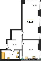 Планировка однокомнатной(квартира) площадью 43.2 квадратных метров в ЖК “ЖК Мираполис”