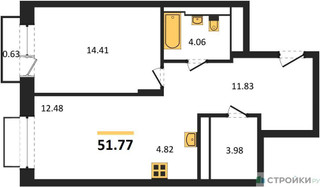 Планировка однокомнатной(квартира) площадью 51.77 квадратных метров в “ЖК Долина Яузы”