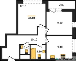 Планировка двухкомнатной(квартира) площадью 47.1 квадратных метров в “ЖК Родные кварталы”
