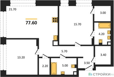 Планировка двухкомнатной(квартира) площадью 77.6 квадратных метров в ЖК “ЖК Шагал”