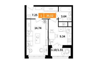 Планировка однокомнатной(квартира) площадью 36.52 квадратных метров в “ЖК Планерный Квартал”