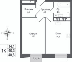 Планировка однокомнатной(квартира) площадью 40.4 квадратных метров в “ЖК КИНОКВАРТАЛ”