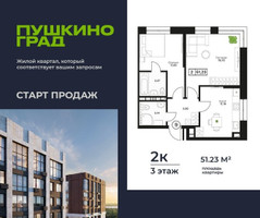 Планировка двухкомнатной(квартира) площадью 51.23 квадратных метров в “ЖК Пушкино Град”