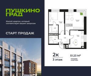 Планировка двухкомнатной(квартира) площадью 51.23 квадратных метров в ЖК “ЖК Пушкино Град”