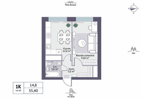 Планировка однокомнатной(квартира) площадью 35.4 квадратных метров в “ЖК Новое Замитино (ЗаМитино)”