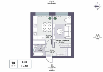 Планировка однокомнатной(квартира) площадью 35.4 квадратных метров в ЖК “ЖК Новое Замитино (ЗаМитино)”