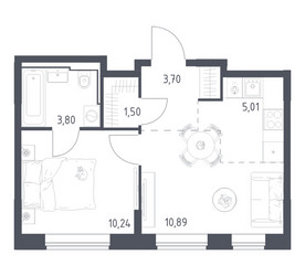 Планировка однокомнатной(квартира) площадью 35.14 квадратных метров в ЖК “ЖК Квартал Домашний”
