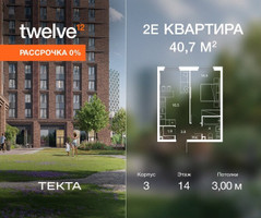 Планировка двухкомнатной(квартира) площадью 40.7 квадратных метров в “ЖК Твелв”