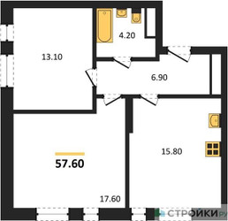 Планировка двухкомнатной(квартира) площадью 57.6 квадратных метров в ЖК “ЖК Первый Московский”