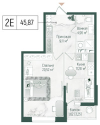 Планировка однокомнатной(квартира) площадью 47.5 квадратных метров в ЖК “ЖК Рига Хиллс”
