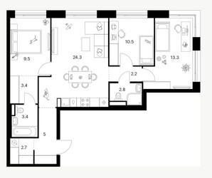 Планировка трехкомнатной(квартира) площадью 77.1 квадратных метров в ЖК “ЖК Зеленый парк”