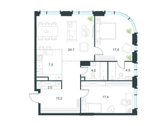 Планировка трехкомнатной(квартира) площадью 94 квадратных метров в ЖК “ЖК Level Академическая”