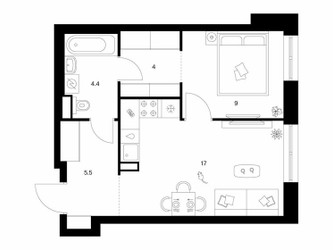 Планировка однокомнатной(квартира) площадью 39.9 квадратных метров в ЖК “Нарвин”
