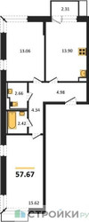 Планировка двухкомнатной(квартира) площадью 57.67 квадратных метров в ЖК “ЖК Квартал Марьино”