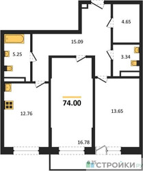 Планировка двухкомнатной(квартира) площадью 74.7 квадратных метров в ЖК “ЖК Riga Hills (Рига Хиллс)”