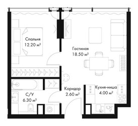 Планировка однокомнатной(квартира) площадью 43.6 квадратных метров в ЖК “ЖК Слава”