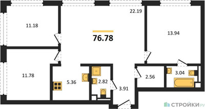 Планировка трехкомнатной(квартира) площадью 76.78 квадратных метров в ЖК “ЖК TATE (Тэйт)”
