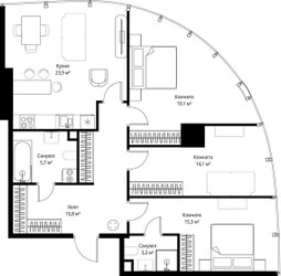Планировка трехкомнатной(квартира) площадью 97.1 квадратных метров в ЖК “ЖК ОНЕ”