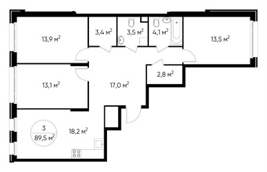 Планировка трехкомнатной(квартира) площадью 89.5 квадратных метров в ЖК “ЖК Переделкино Ближнее”