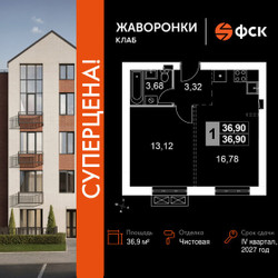 Планировка однокомнатной(квартира) площадью 36.9 квадратных метров в ЖК “ЖК Жаворонки Клаб”