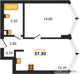 Планировка однокомнатной(квартира) площадью 37.3 квадратных метров в ЖК “Акценты”