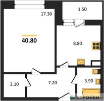 Планировка однокомнатной(квартира) площадью 40.8 квадратных метров в “ЖК Малиново”