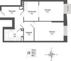 Планировка двухкомнатной(квартира) площадью 46.4 квадратных метров в “ЖК КИНОКВАРТАЛ”