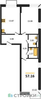 Планировка двухкомнатной(квартира) площадью 57.16 квадратных метров в “ЖК Квартал Марьино”