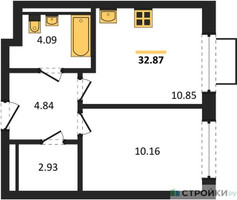 Планировка однокомнатной(квартира) площадью 32.87 квадратных метров в “ЖК Новое Видное”