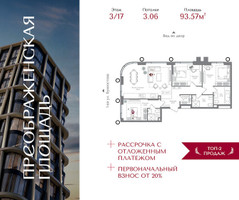 Планировка трехкомнатной(квартира) площадью 93.57 квадратных метров в “ЖК Преображенская Площадь”