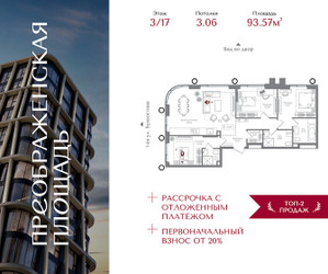 Планировка трехкомнатной(квартира) площадью 93.57 квадратных метров в ЖК “ЖК Преображенская Площадь”