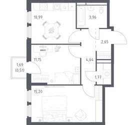Планировка двухкомнатной(квартира) площадью 50.87 квадратных метров в ЖК “ЖК Космический Квартал”