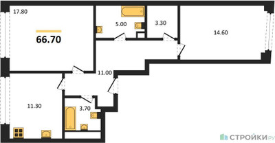 Планировка двухкомнатной(квартира) площадью 66.7 квадратных метров в ЖК “ЖК Архитектурный проект RAKURS (Ракурс)”