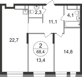 Планировка двухкомнатной(квартира) площадью 68.4 квадратных метров в ЖК “ЖК Первый Московский”