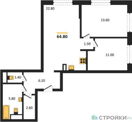 Планировка двухкомнатной(квартира) площадью 64.8 квадратных метров в ЖК “ЖК Форевиль”