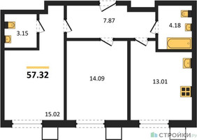 Планировка двухкомнатной(квартира) площадью 57.32 квадратных метров в “ЖК Бархат”